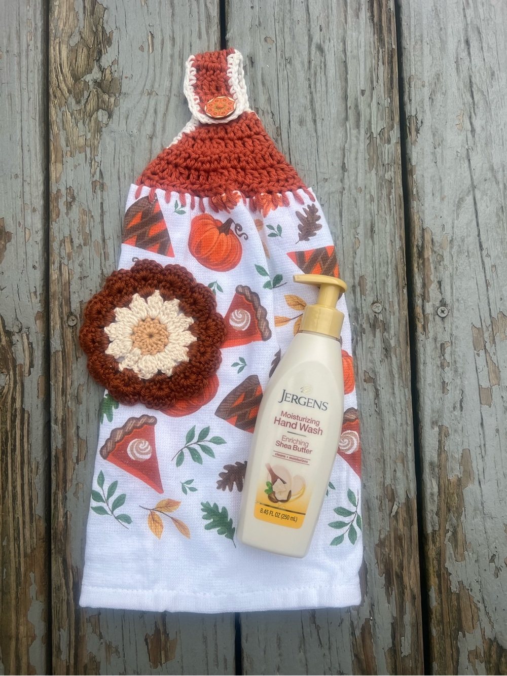 Fall Pumpkin Kitchen Towel with Rust Crochet Top bundle comes coaster & soap